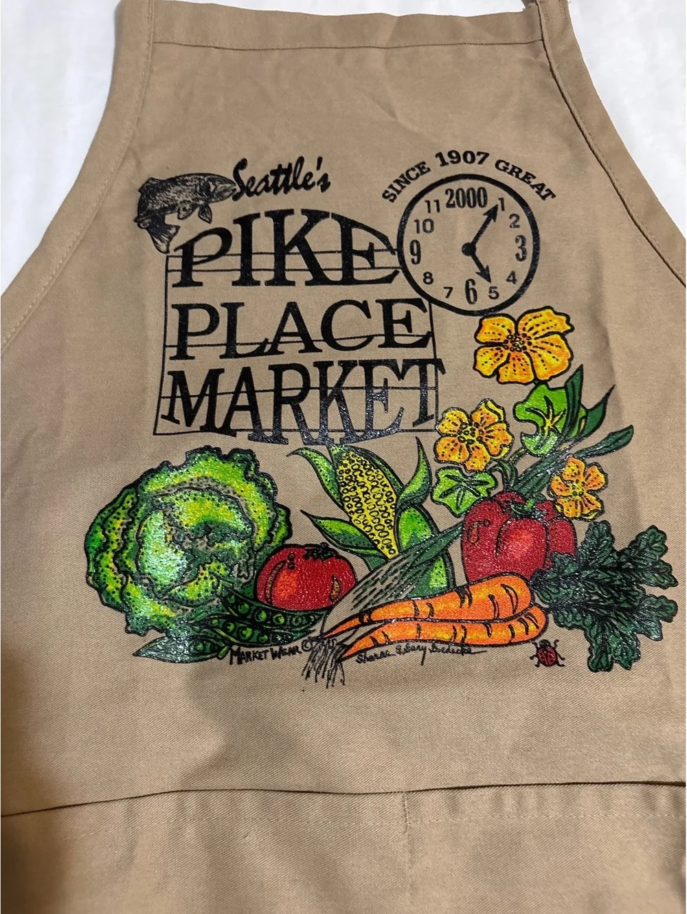 Vintage Pike Place Market Apron Seattle Sharon Mary Delude Canvas Cooking Pocket